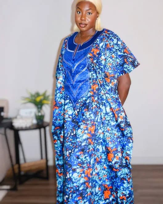 African Print Embroidered Kaftan with Head Tie