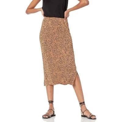 Women's Pull-On Knit Midi Skirt Comfortable Stretch Fit Dark Camel Leopard Dark