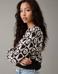 AE Skull Halloween Cropped Cardigan | American Eagle