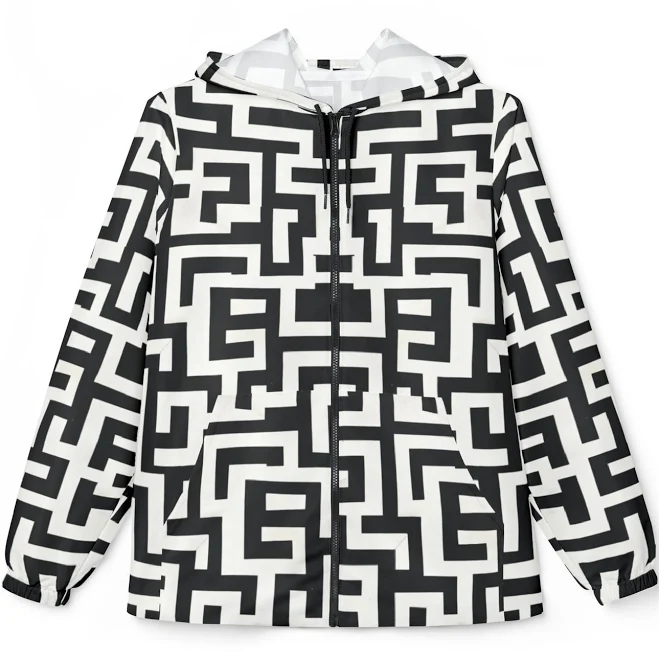 Black White Geometric Maze Windbreaker Jacket | All-over Print