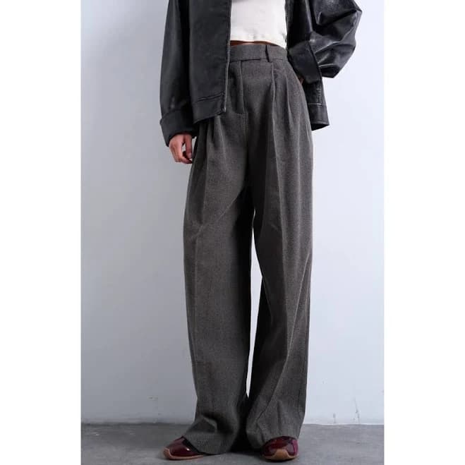 Topshop High Waisted Herringbone Pleated Wide Leg Pants