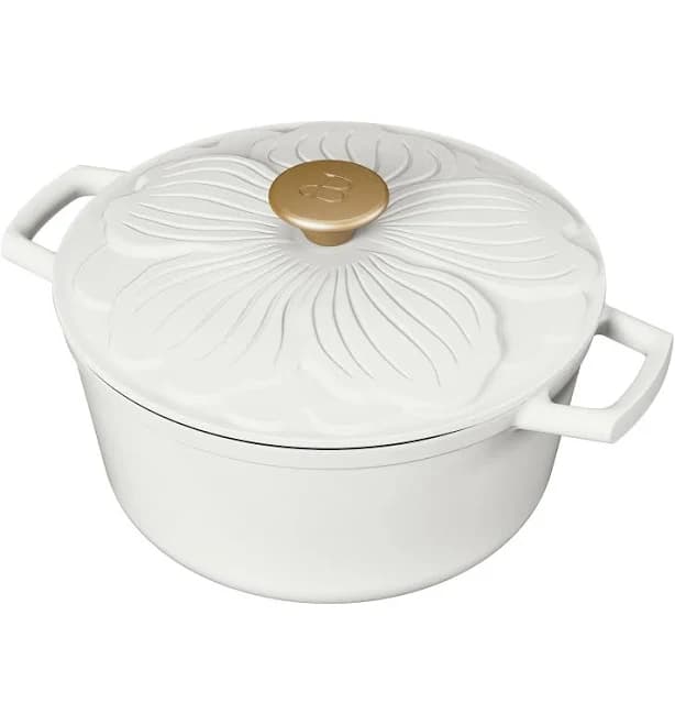 Drew Barrymore Beautiful 4 Quart Enameled Cast Iron Round Dutch Oven with Petal Design Lid