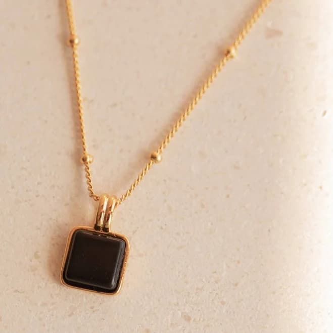 Caitlyn Minimalist 18K Gold Black Onyx Square Pendant Necklace