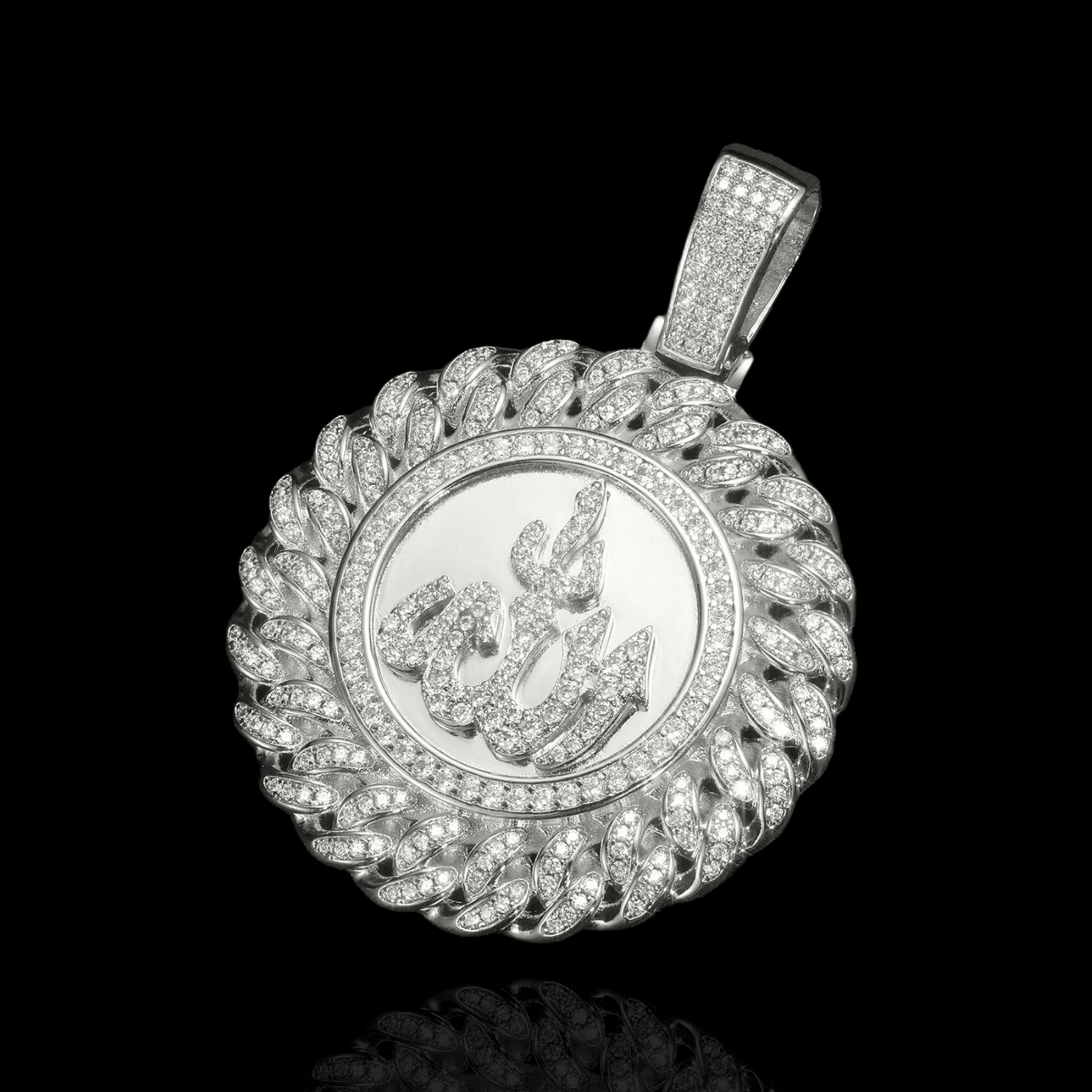 Moissanite Diamonds Allah Cuban Medallion in Silver