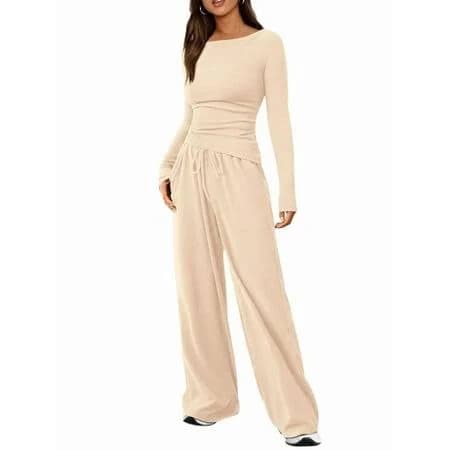 Women's 2 Piece Lounge Sets Asymmetrical Long Sleeve T Shirt Wide Leg Pants Casual Outfits Tracksuit Cream White L, Size: Large, Beige