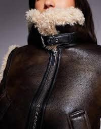 River Island faux shearling seam detail biker jacket in dark brown | ASOS