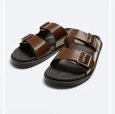 Men Zara double strap Slip On sandals Leather Brown