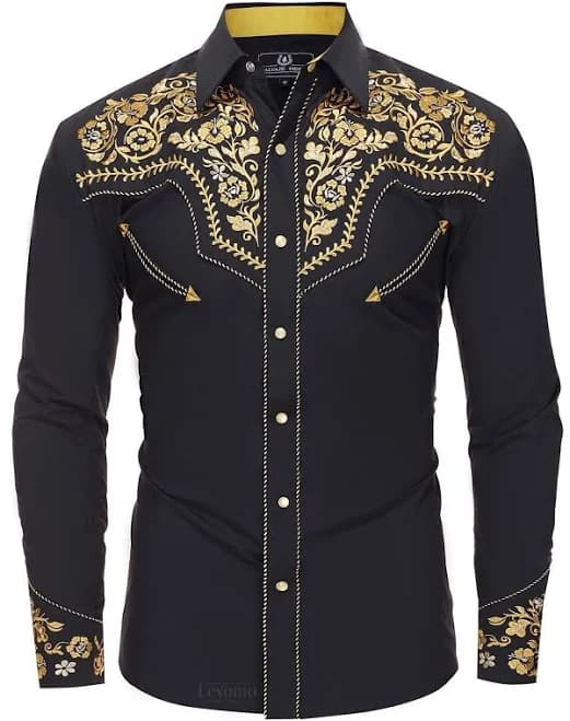 Men's Floral Embroidered Cowboy Western Pearl Snap Shirt