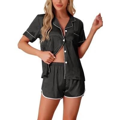Women's Satin Silky Short Sleeve Button Down Pajamas Set