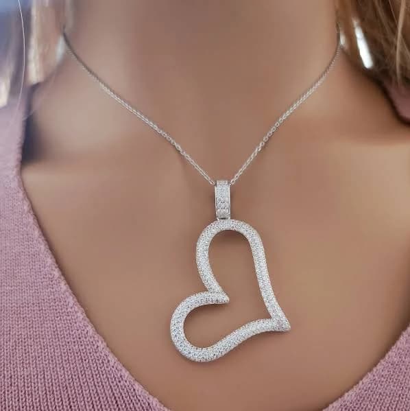925 Sterling Silver Cubic Zirconia Heart Pave Necklace
