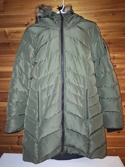 Eddie Bauer Olive Green Long Puffer Coat Faux Fur Hood Full Zip
