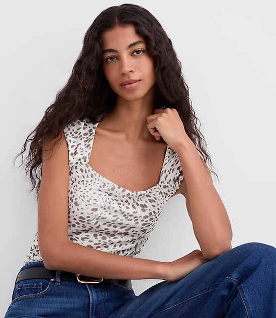 Loft Women's Cheetah Print Mesh Ruched Square Neck Top