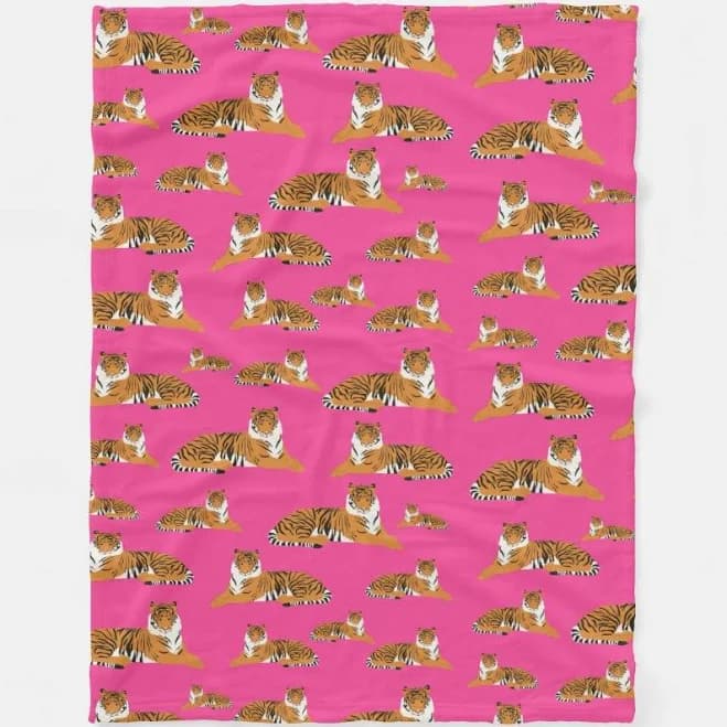 Pink Orange Jungle Tiger Animal Pattern Fleece Blanket
