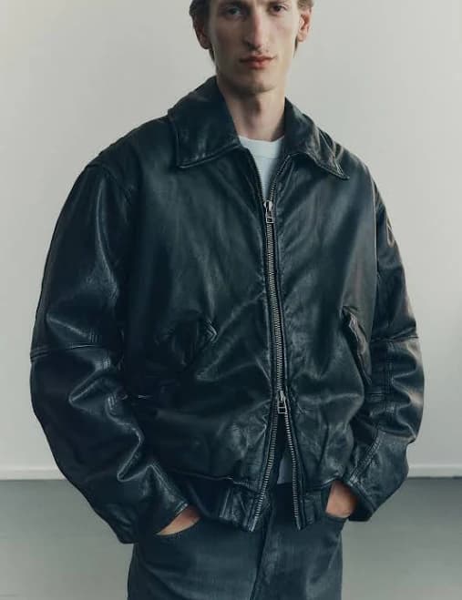 H&M Men's Loose-Fit Leather Aviator Jacket