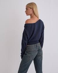 Navy Blue Sheer Knit Long Sleeve Asymmetric Jumper | Navy – motelrocks-com-us