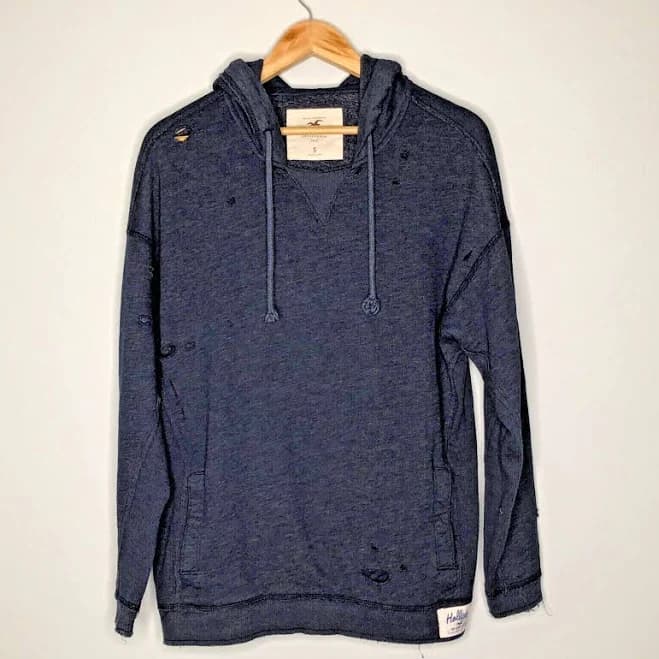 Hollister Distressed Ripped Pullover Hoodie Blue Small