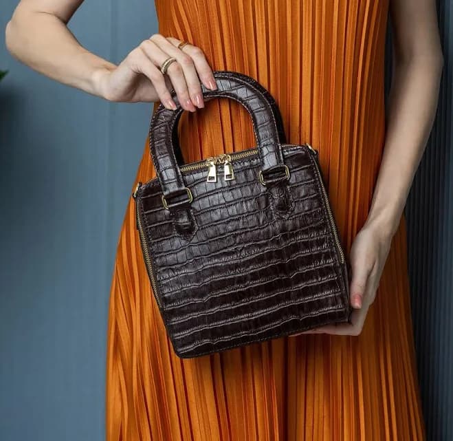 Croc Embossed Leather Square Handbag