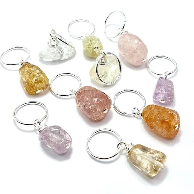 Quartz Crystal Silver Braid Rings: Boho Hair Jewelry, Loc Beads (5 or 10 Pc)