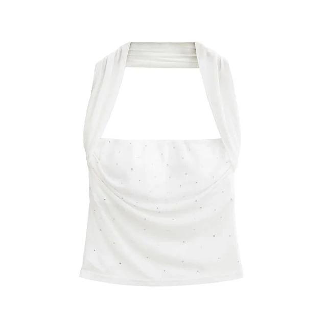 Reknovine Halter Rhinestone Padded Mesh Panel Crop Top