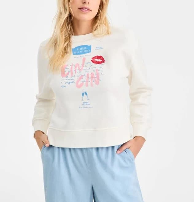 On 34th Women's Knit Long-Sleeve Cin Cin Kiss Graphic Sweatshirt