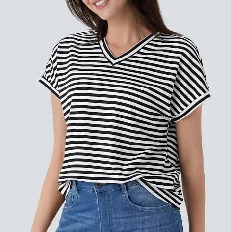 Halara V Neck Stripe Waffle Tee