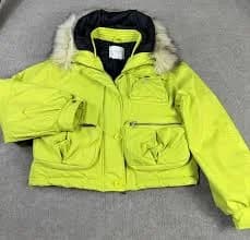 Anthropologie L Cropped Hooded Puffer Coat Lime Green Lined Coat Faux Fur Trim