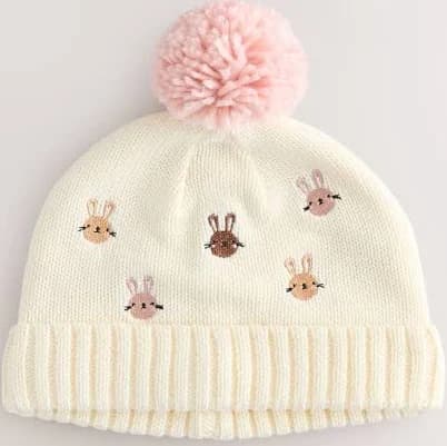 Embroidered Bunny Pom Knitted Hat