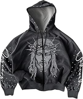 Men's Y2k Zip Up Hoodie Rhinestone Sparkly Graphic Hooded Sweatshirt Jacket Grunge Streetwear