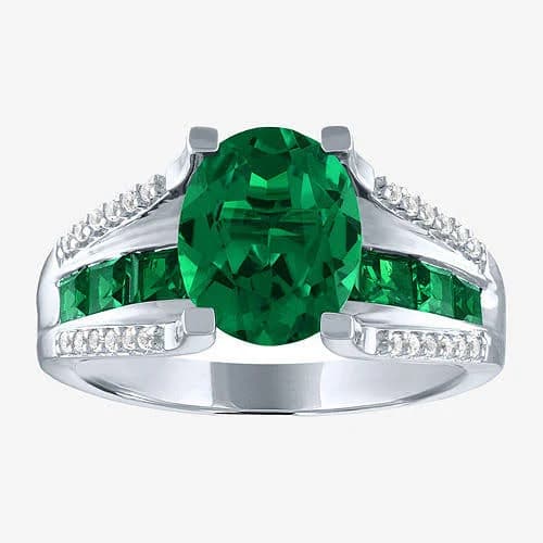 Sterling Silver Lab Created Green Emerald Cocktail Ring
