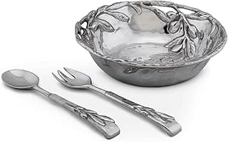 Arthur Court Sand-Cast Aluminum Salad Set; Olive Pattern, 3 pieces, 2 Servers and Salad Serving Bowl 12.5 inch Diameter