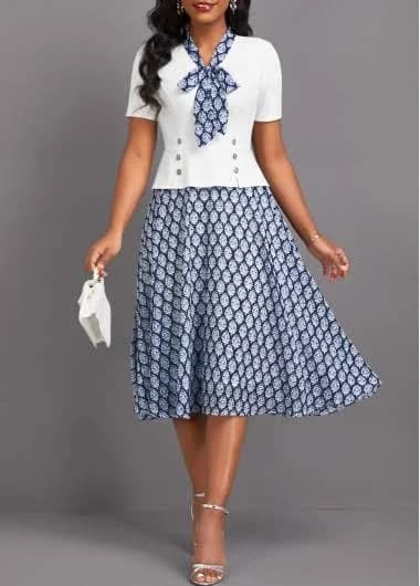 Rosewe Tribal Print Patchwork Tie Collar Dress