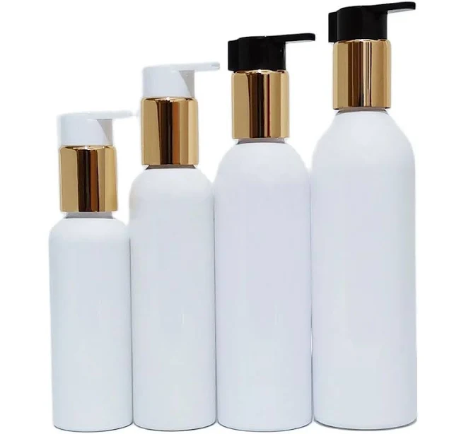 20pcs 100ml 150ml 200ml 250ml White Plastic Bottles With Gold Aluminum Lotion Pump Container For
