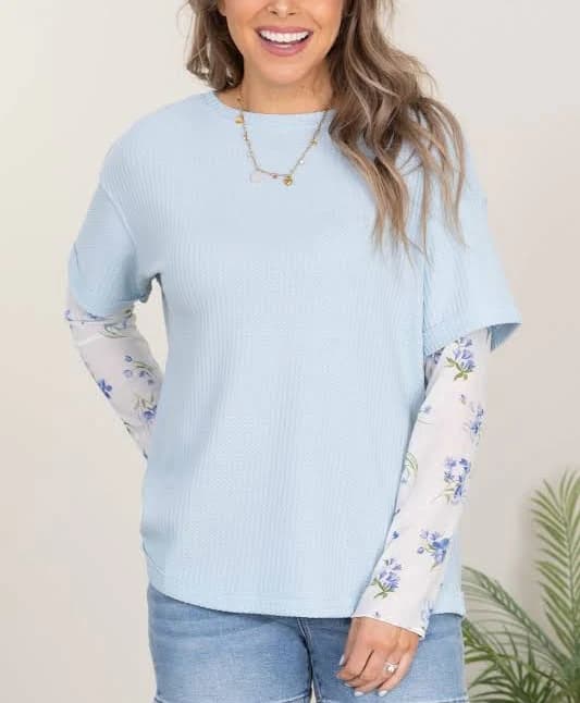 Waffle Knit Floral Sleeve Top