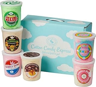 All-Star Cotton Candy Candy Gift Box of 6 Pickle, Mexican Hot Chocolate, Bubble Gum, Maple Bacon, Sour Rainbow, Frosted Donut- Unique ideas for Holidays, Birthdays, Gag Gifts, Party Favors