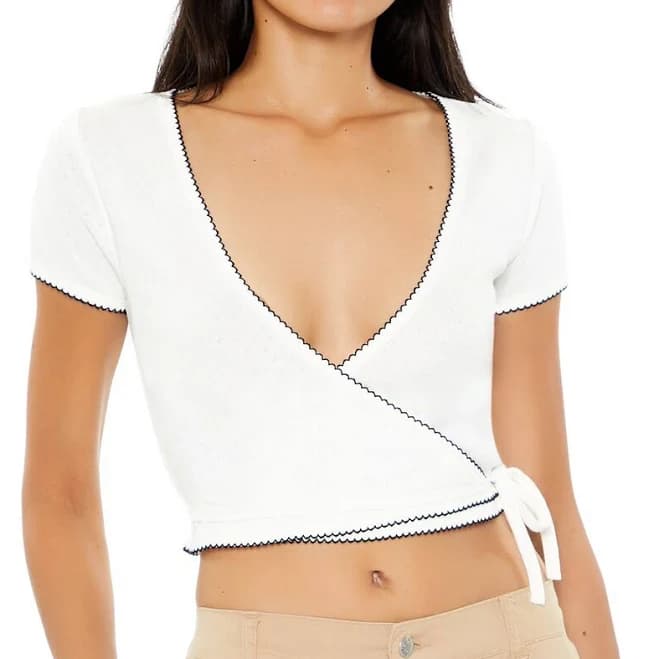 Pointelle Cropped Wrap Top