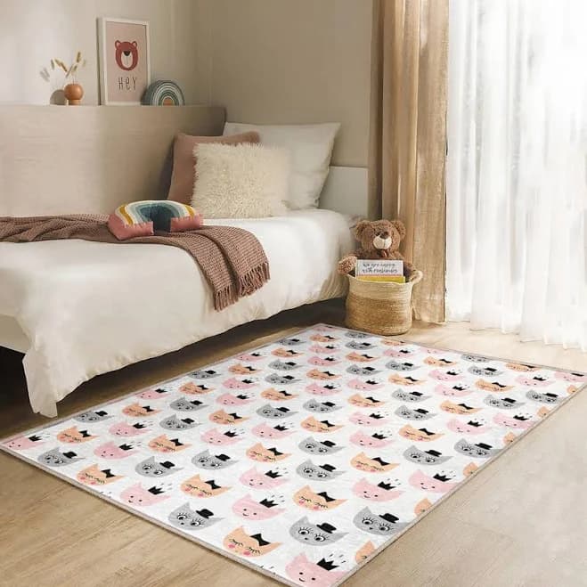 Whimsical Cat Face Kids Rug: Pink, Gray & Orange Nursery Playroom Carpet