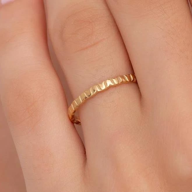Dainty Textured Solid Gold Hammered Band