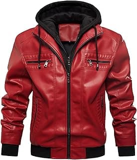 Men's Leather Jacket Motorcycle Bomber Jacket Windproof PU Vintage Jacket with Removable Hood