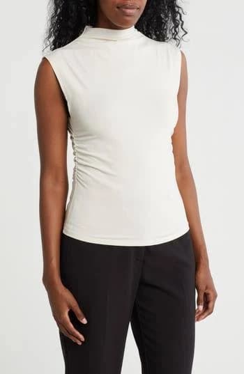 NORDSTROM RACK Funnel Neck Ruched Tank in Beige Rainy Day at Nordstrom Rack, Size X-Large