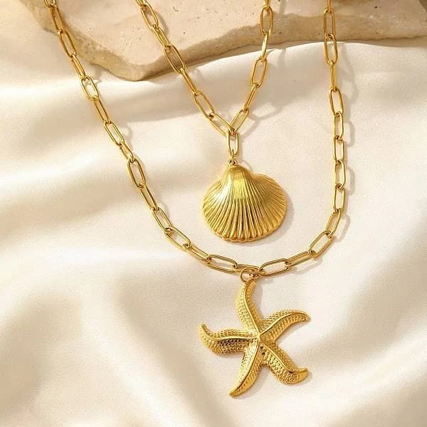 Bohemian Styles Stainless Steel Starfish and Shell Pendant Necklace