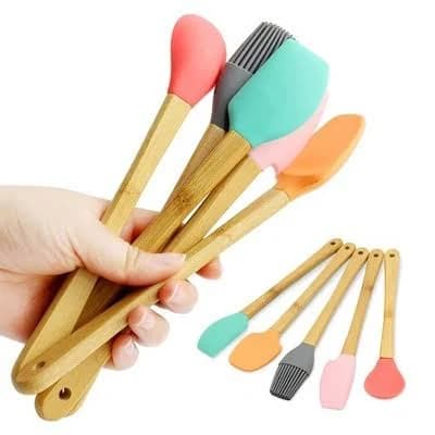 Cheer Collection 5-Piece Mini Silicone Baking Spatula Set with Bamboo Handles