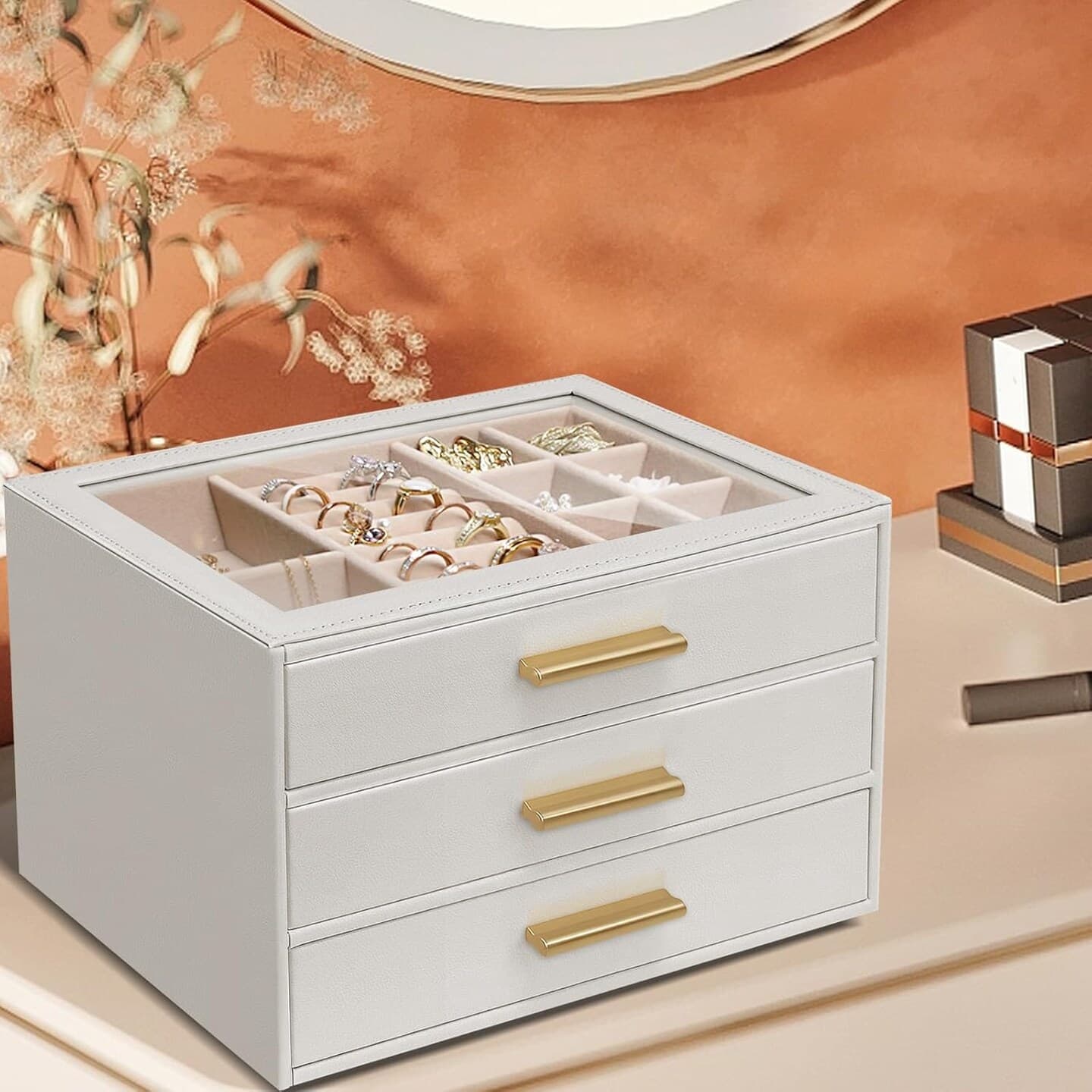 Jewelry Box for Women, Glass Lid Leather Jewelry Organizers and Storage with 3 Drawers, Large Capacity for Necklaces, Earrings, Rings, Bracelets, Modern Style (White) | Michaels