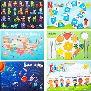 Hapinest 6 Pack Reusable Non Slip Educational Placemats for Kids & Toddlers, Learning Mat with Alphabet Numbers & US Map