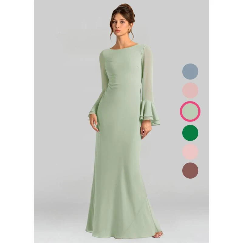 Azazie Mermaid Boat Neck Long Sleeve Floor-Length Chiffon Bridesmaid Dresses