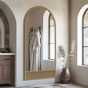 71"x37" Wood Rattan Arched Wall Mirror