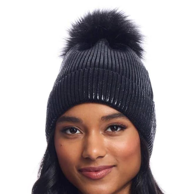 tin lizzies Metallic Knit Faux Fur Pom Hat