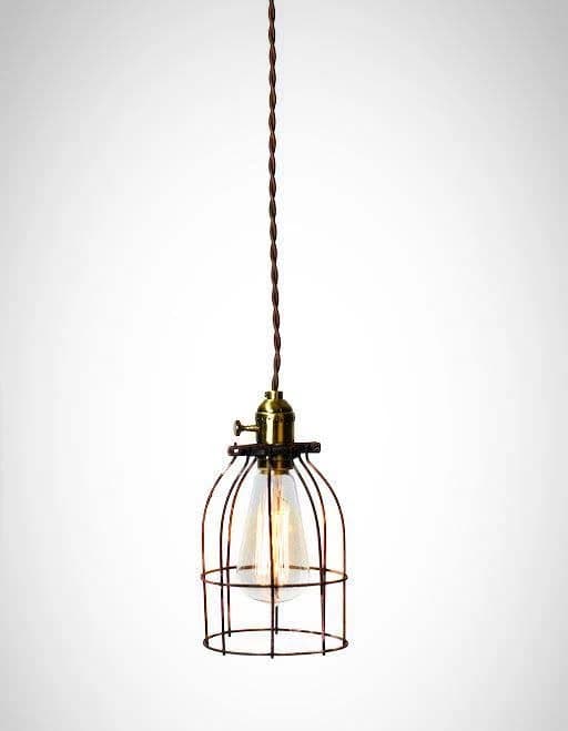 Industrial Antiqued Caged Minimalist Bare Bulb Pendant Light