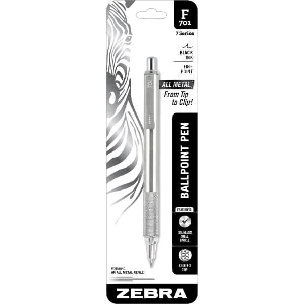 Zebra Pen F-701 Stainless Steel Retractable Ballpoint Pen, Fine Point, 0.7 mm, Silver Barrel, Black Ink