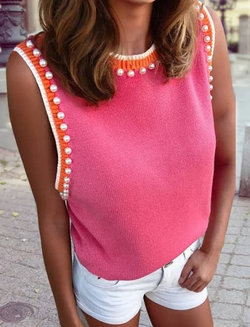 Pearl Embellished Sleeveless Knit Top