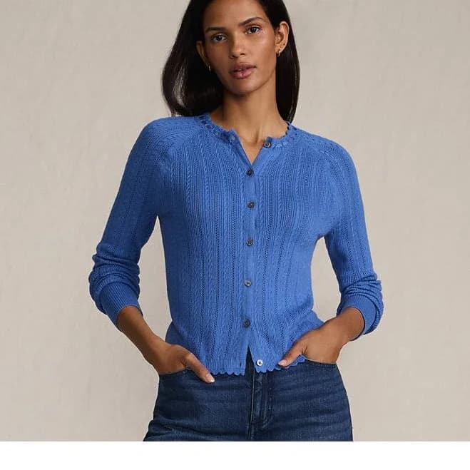 Lands' End Women's Cotton Pointelle Satin Trim Cardigan Sweater